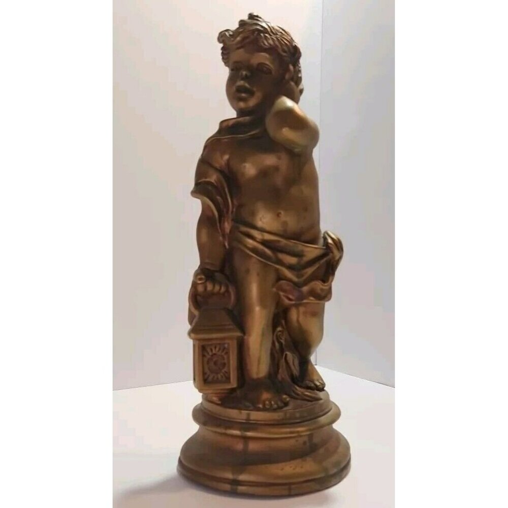 Vintage 1965 Universal Statuary Corp Cherub Holding Lamp Statue Bronze Colored